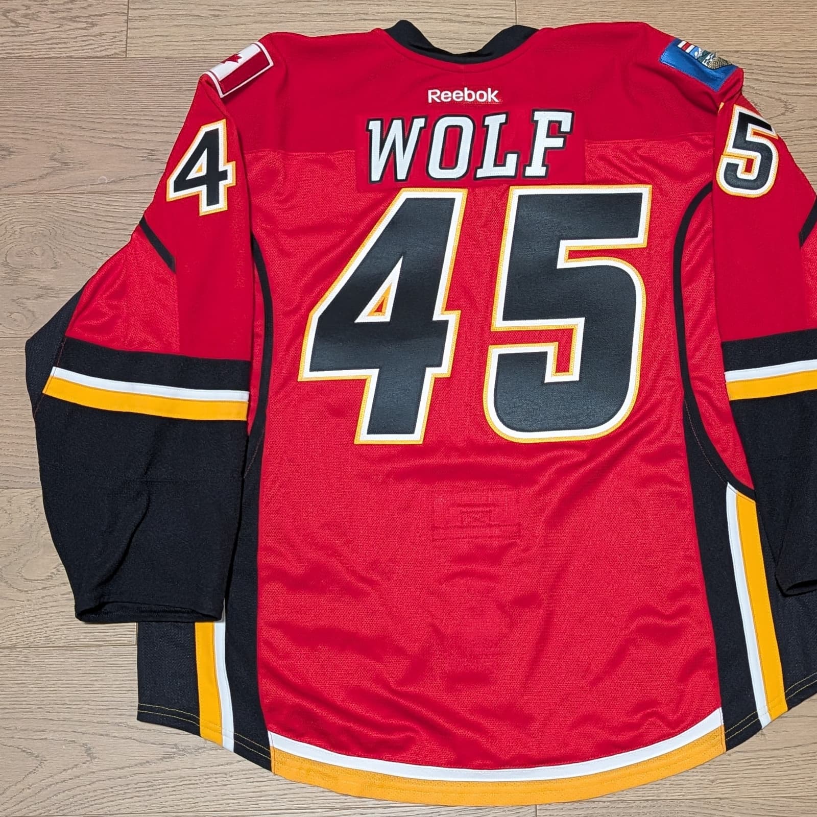 Calgary Flames David Wolf Reebok Authentic NHL Hockey Jersey w/ Fight Strap - Size 58+